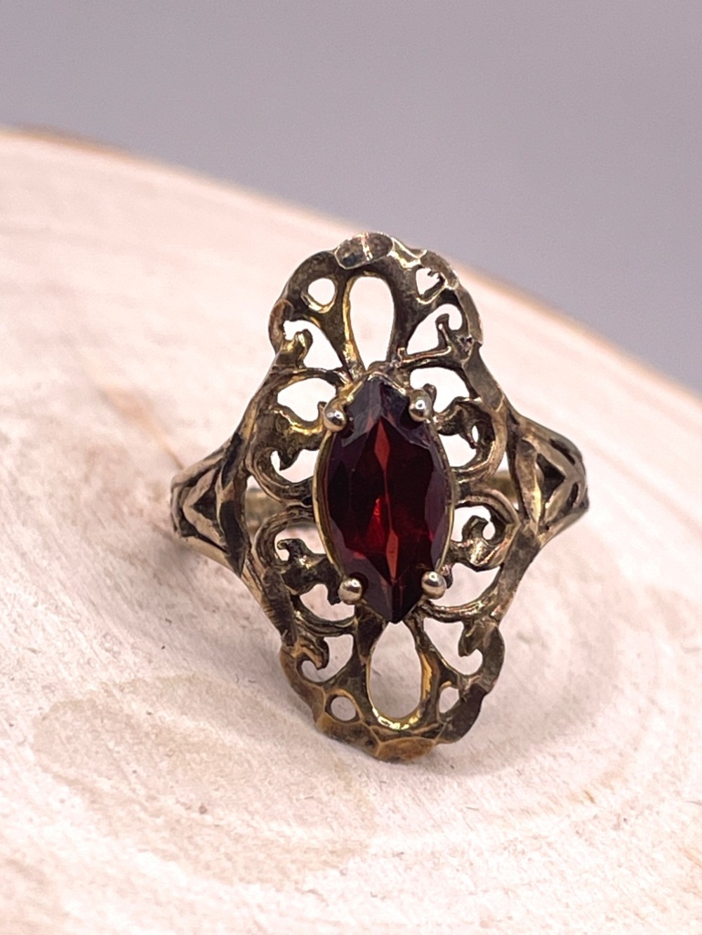 Vintage Victorian Revival Sterling Gold Vermeil Garnet Filigree Ring 5 3/4